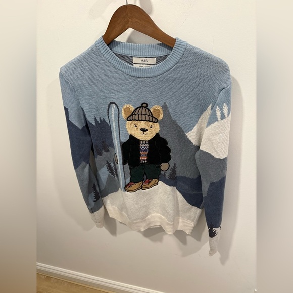NWOT-Marks & Spencer BEAR Christmas Jumper, Blue mix - Picture 1 of 7